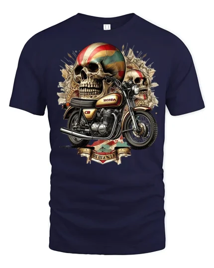 Vintage Skull Biker Motorcycle Classic Ride Art Graphic Tee Tshirt - navy t-shirt on white background