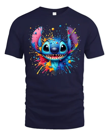 Colorful Cute Alien Splash Art Smiling Cartoon Graphic Tee Tshirt - navy t-shirt on white background