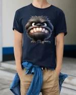 Funny Furry Monster Gamer Cartoon Big Teeth Graphic Tee Tshirt - model wearing navy tee with hands in pockets