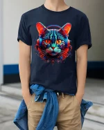 Neon Cyberpunk Cat With Headphones Futuristic Art Graphic Tee - model wearing navy tee with hands in pockets