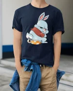 Grumpy Bunny Sitting Cute Attitude Cartoon Art Graphic Tee Tshirt - model wearing navy tee with hands in pockets