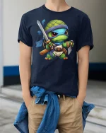 Cute Ninja Turtle Warrior Cartoon Fantasy Graphic Tee Tshirt - model wearing navy tee with hands in pockets