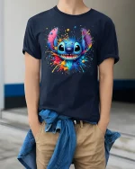 Colorful Cute Alien Splash Art Smiling Cartoon Graphic Tee Tshirt - model wearing navy tee with hands in pockets