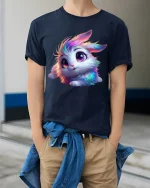 Cute Rainbow Bunny Fantasy Animal Art Graphic Tee Tshirt - model wearing navy tee with hands in pockets