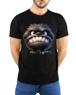 Funny Furry Monster Gamer Cartoon Big Teeth Graphic Tee Tshirt - model wearing black tee with hands behind back