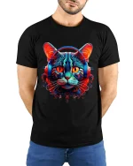Neon Cyberpunk Cat With Headphones Futuristic Art Graphic Tee - model wearing black tee with hands behind back