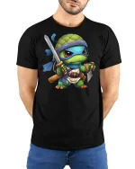 Cute Ninja Turtle Warrior Cartoon Fantasy Graphic Tee Tshirt - model wearing black tee with hands behind back