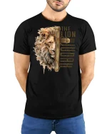 Lion Of Judah Cross Faith Inspired Christian Art Graphic Tee - model wearing black tee with hands behind back