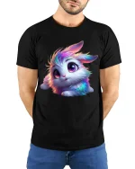 Cute Rainbow Bunny Fantasy Animal Art Graphic Tee Tshirt - model wearing black tee with hands behind back