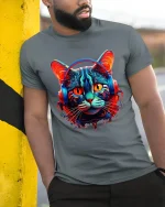 Neon Cyberpunk Cat With Headphones Futuristic Art Graphic Tee - model wearing grey tee, leaning on column