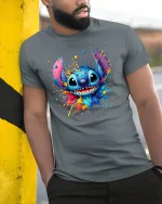 Colorful Cute Alien Splash Art Smiling Cartoon Graphic Tee Tshirt - model wearing grey tee, leaning on column