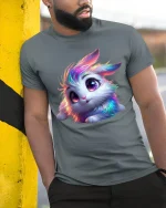 Cute Rainbow Bunny Fantasy Animal Art Graphic Tee Tshirt - model wearing grey tee, leaning on column