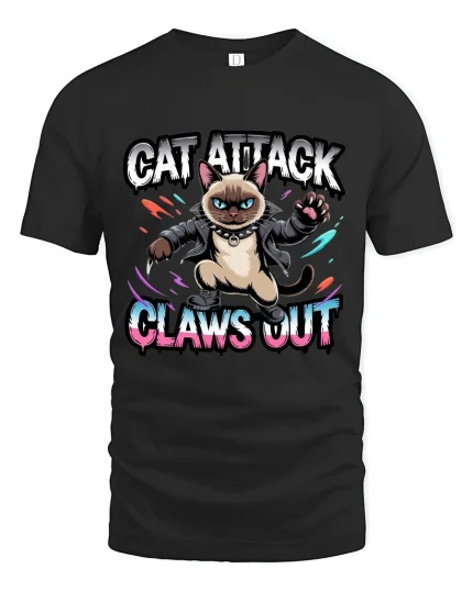 Cat Attack Claws Out Funny Rebel Cat Cartoon Graphic Tee Tshirt - black t-shirt on white background