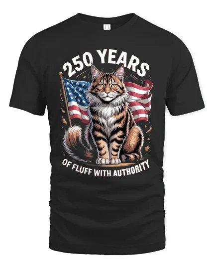 250 Years of Fluff With Authority Patriotic Cat Graphic Tee - black t-shirt on white background