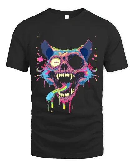 Neon Glitch Skull Cat Graphic Tee With Trippy Cyberpunk Art - black t-shirt on white background