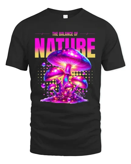 The Balance of Nature Psychedelic Mushroom Art Graphic Tee - black t-shirt on white background
