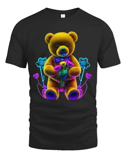 Neon Teddy Bear Holding Flowers Cute Aesthetic Graphic Tee - black t-shirt on white background