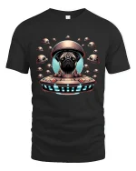 Alien Pug UFO Space Adventure Cute Sci Fi Graphic Tee - black t-shirt on white background