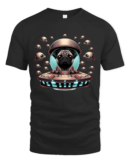 Alien Pug UFO Space Adventure Cute Sci Fi Graphic Tee - black t-shirt on white background