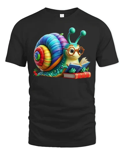 Cute Reading Snail Rainbow Shell Book Lover Graphic Tee - black t-shirt on white background