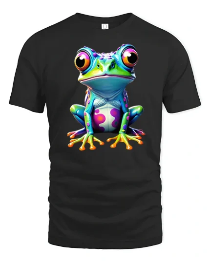 Colorful Cute Frog Art Graphic Tee Vibrant Whimsical Style - black t-shirt on white background