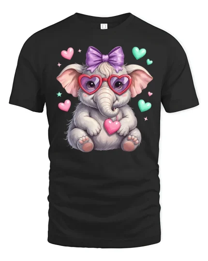 Cute Baby Elephant Love Hearts Illustration Graphic Tee - black t-shirt on white background