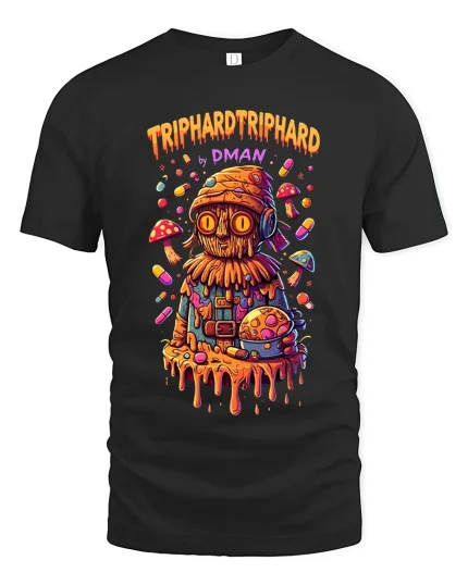 Trip Hard Trippy Psychedelic Mushroom Street Art Graphic Tee Tshirt - black t-shirt on white background