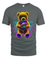 Neon Teddy Bear Holding Flowers Cute Aesthetic Graphic Tee - gray t-shirt on white background