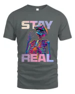 Stay Real Psychedelic Skeleton VR Street Art Graphic Tee Tshirt - gray t-shirt on white background