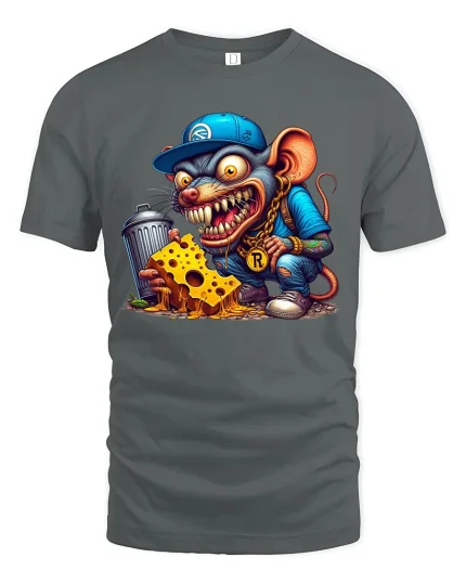 Crazy Street Rat Cheese Graffiti Urban Cartoon Graphic Tee Tshirt - gray t-shirt on white background