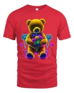 Neon Teddy Bear Holding Flowers Cute Aesthetic Graphic Tee - red t-shirt on white background
