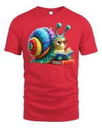 Cute Reading Snail Rainbow Shell Book Lover Graphic Tee - red t-shirt on white background