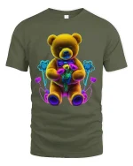 Neon Teddy Bear Holding Flowers Cute Aesthetic Graphic Tee - military green t-shirt on white background