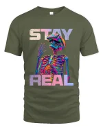 Stay Real Psychedelic Skeleton VR Street Art Graphic Tee Tshirt - military green t-shirt on white background