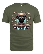 Alien Pug UFO Space Adventure Cute Sci Fi Graphic Tee - military green t-shirt on white background