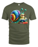 Cute Reading Snail Rainbow Shell Book Lover Graphic Tee - military green t-shirt on white background