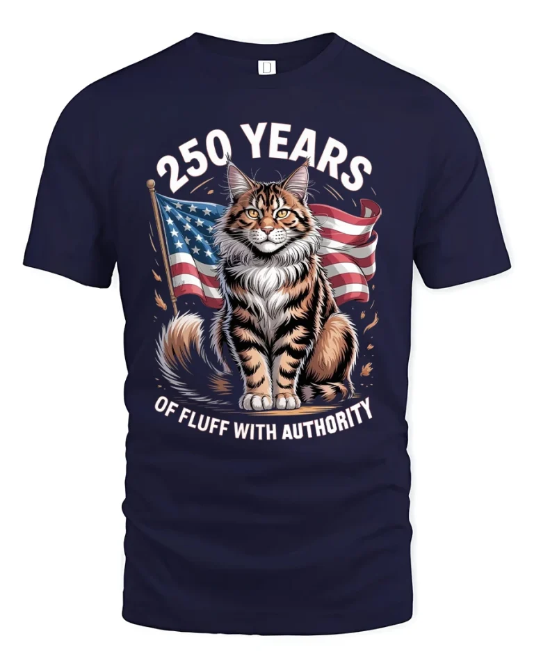 250 Years of Fluff With Authority Patriotic Cat Graphic Tee - navy t-shirt on white background