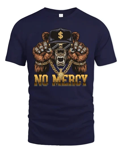 No Mercy Savage Bear Street Money Graphic Tee With Bold Attitude - navy t-shirt on white background