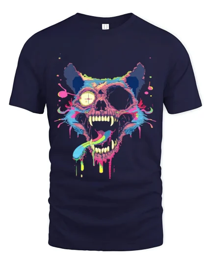 Neon Glitch Skull Cat Graphic Tee With Trippy Cyberpunk Art - navy t-shirt on white background