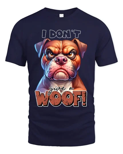 I Dont Give a Woof Angry Bulldog Graphic Tee With Attitude - navy t-shirt on white background