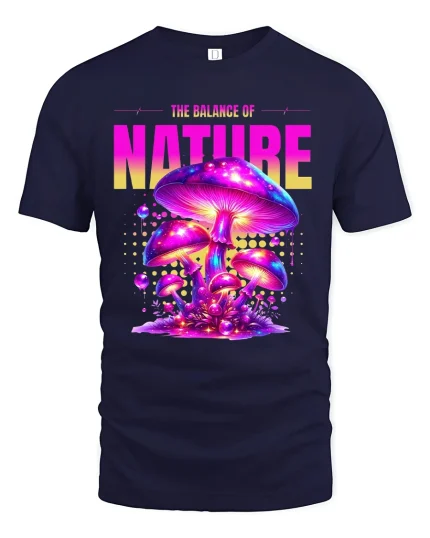 The Balance of Nature Psychedelic Mushroom Art Graphic Tee - navy t-shirt on white background