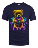 Neon Teddy Bear Holding Flowers Cute Aesthetic Graphic Tee - navy t-shirt on white background