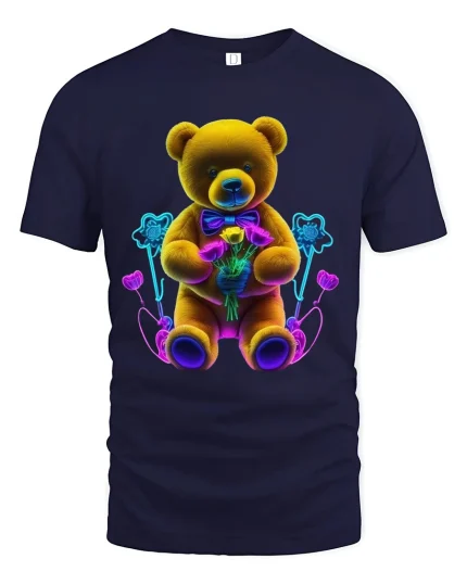 Neon Teddy Bear Holding Flowers Cute Aesthetic Graphic Tee - navy t-shirt on white background