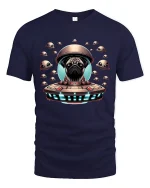 Alien Pug UFO Space Adventure Cute Sci Fi Graphic Tee - navy t-shirt on white background