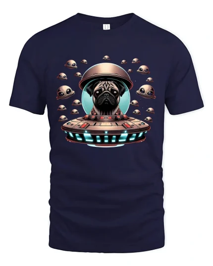 Alien Pug UFO Space Adventure Cute Sci Fi Graphic Tee - navy t-shirt on white background