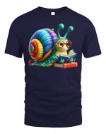 Cute Reading Snail Rainbow Shell Book Lover Graphic Tee - navy t-shirt on white background