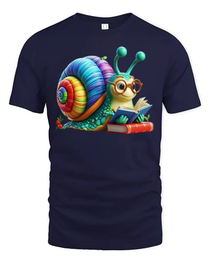 Cute Reading Snail Rainbow Shell Book Lover Graphic Tee - navy t-shirt on white background
