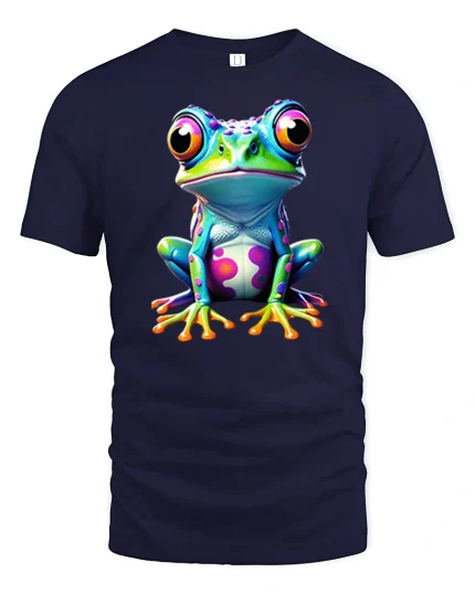 Colorful Cute Frog Art Graphic Tee Vibrant Whimsical Style - navy t-shirt on white background