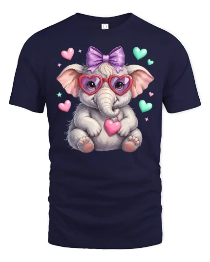 Cute Baby Elephant Love Hearts Illustration Graphic Tee - navy t-shirt on white background