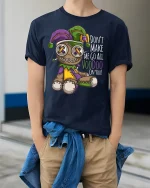 Dont Make Me Go All Voodoo Funny Doll Graphic Tee - model wearing navy tee with hands in pockets